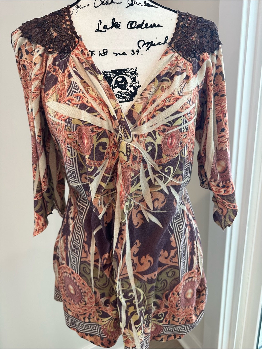 ONE WORLD Brown, cream and orange-Autumn Colors Paisley knot -Front Knit Blouse